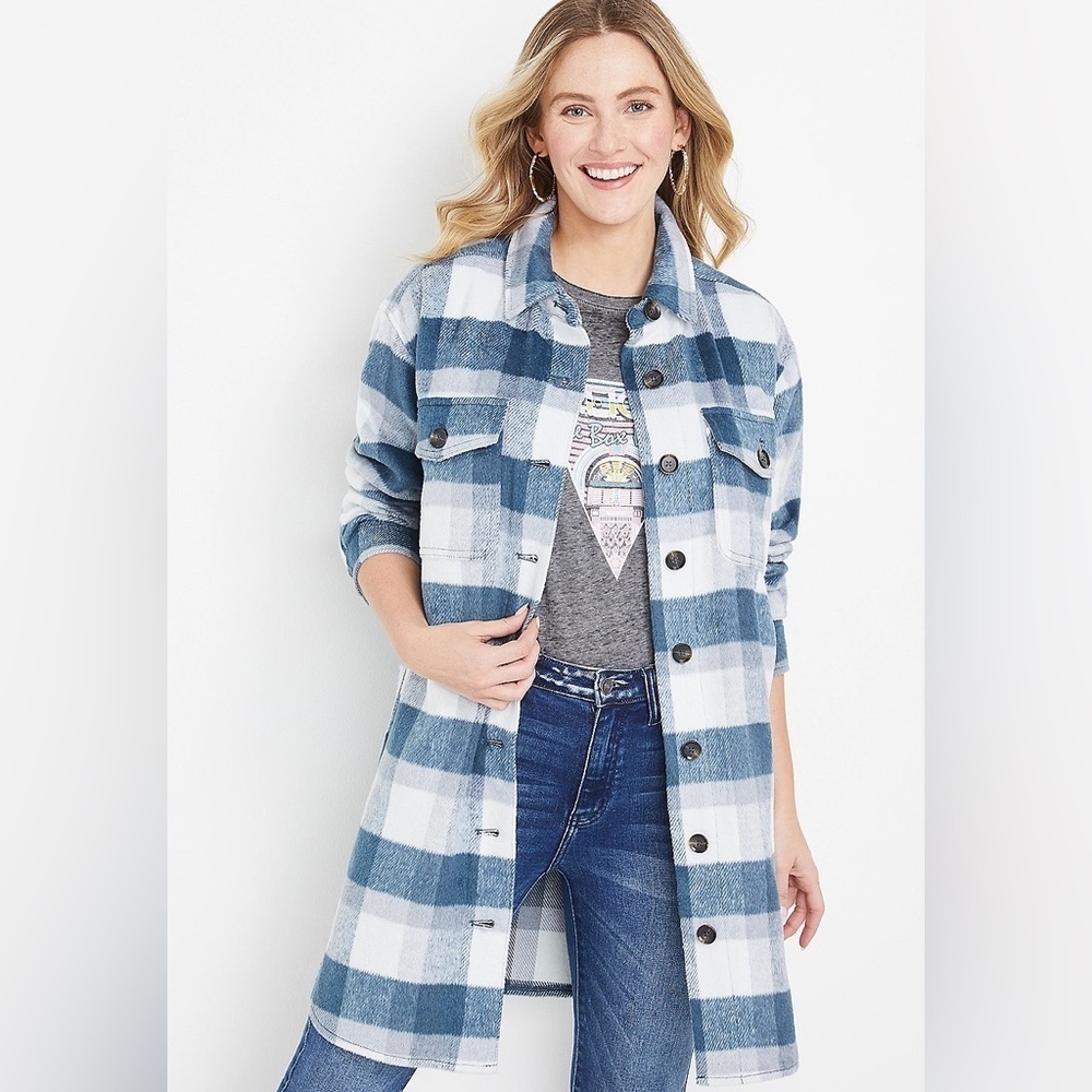 Maurices Blue Plaid Long  Line Shacket NWT Small